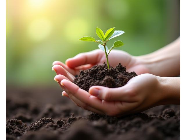 Open hands with a small plant sprouting, symbolizing growth and mindfulness