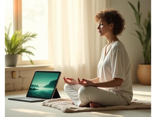 Person meditating peacefully with soft light, laptop showing meditation app.