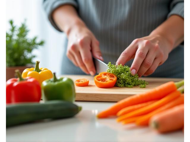 Hands chopping fresh vegetables for a healthy meal, focus on vibrant colors
